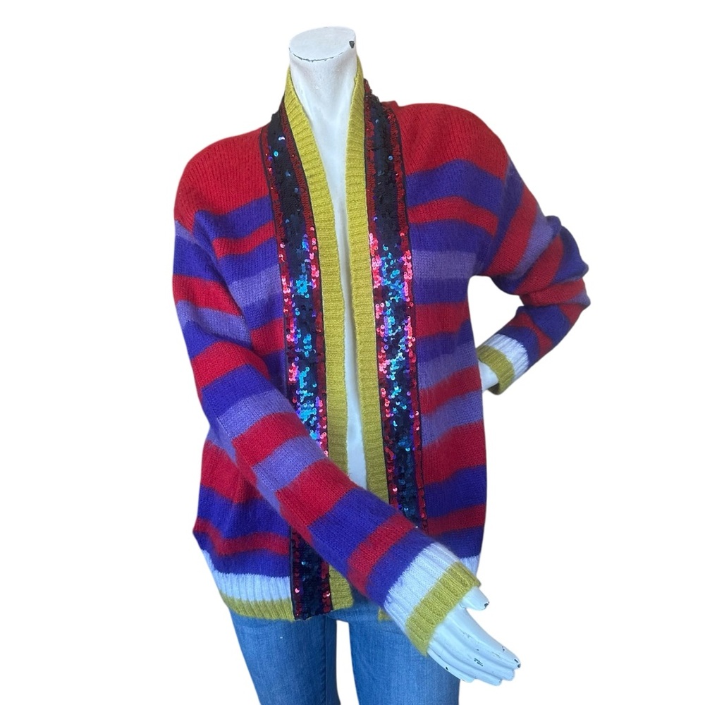 PINKO Red Purple & Green Striped Mohair Blend Cardigan Sequin Trim Size Small